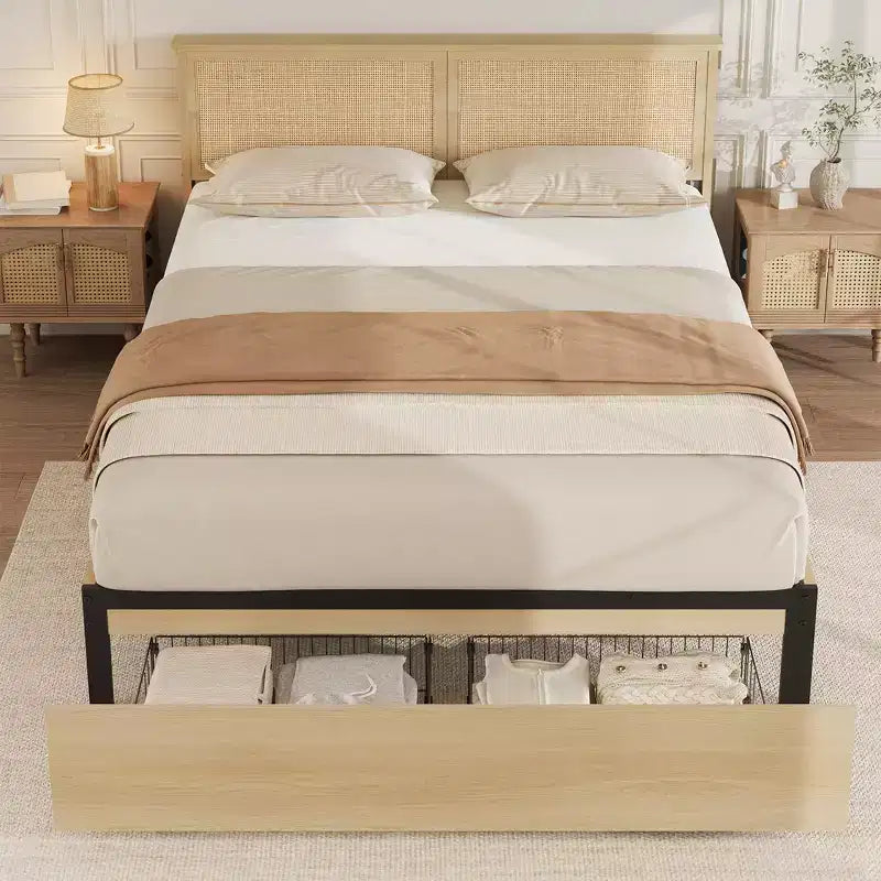 Cadre de lit en rotin naturel avec tête de lit et 2 tiroirs – Grand lit / Très grand lit, 1 personne