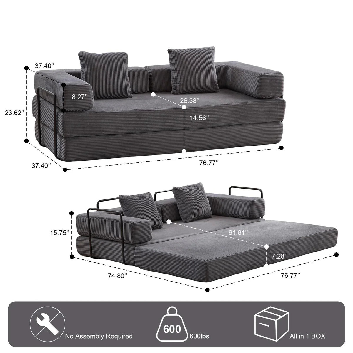 Convertible Floor Sofa Bed with Pillow Back Chenille Fabric for Living Room Bedroom