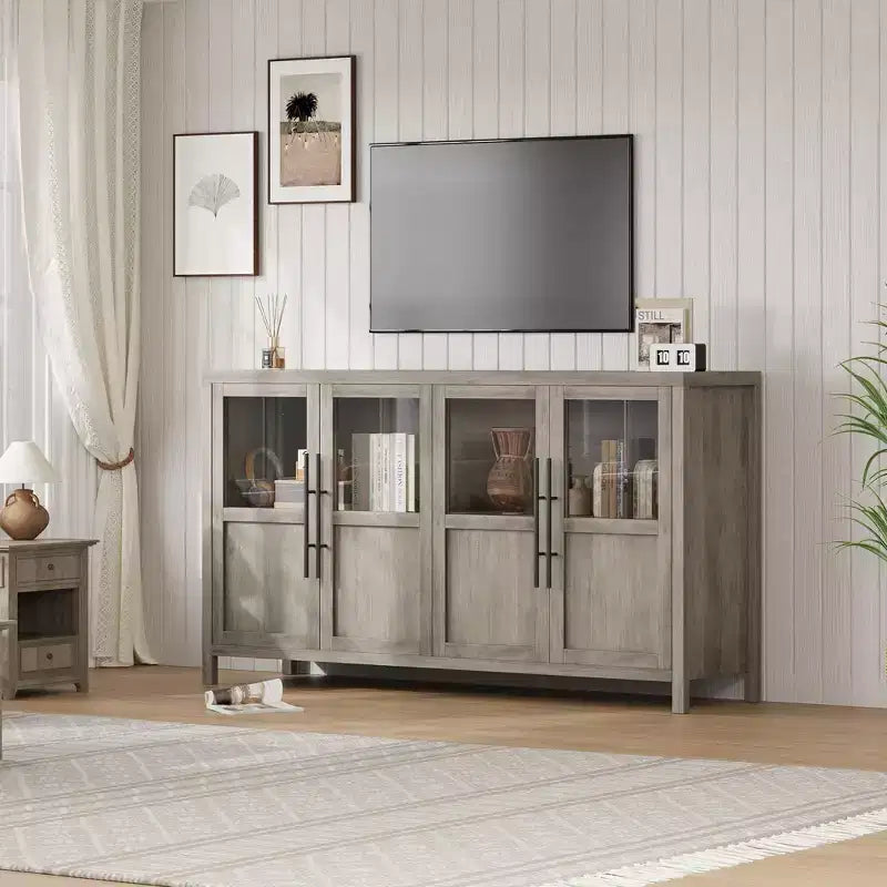 Buffet bahut avec portes vitrées, coloris noir/gris/bois, 4 portes, assemblage 1 personne