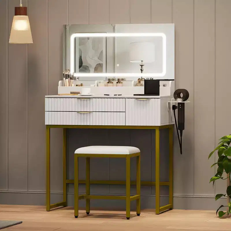 Coiffeuse noire/en bois naturel/blanche avec miroir LED, tiroirs et tabouret – 1 personne