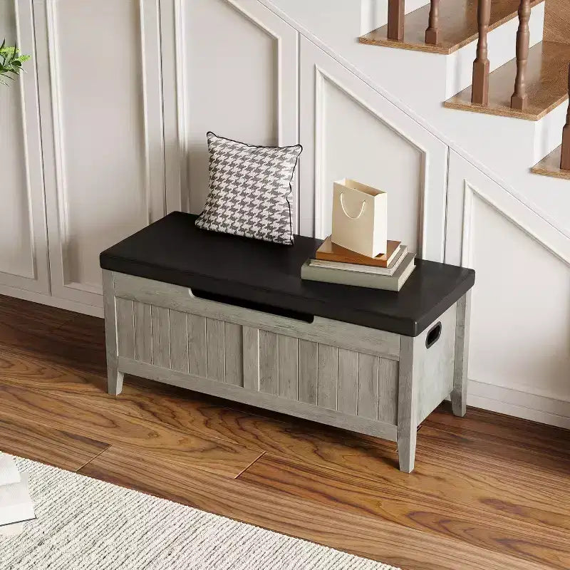 Banc de rangement capitonné marron / gris / rose / blanc, coffre en bois avec assise rembourrée, 1 personne