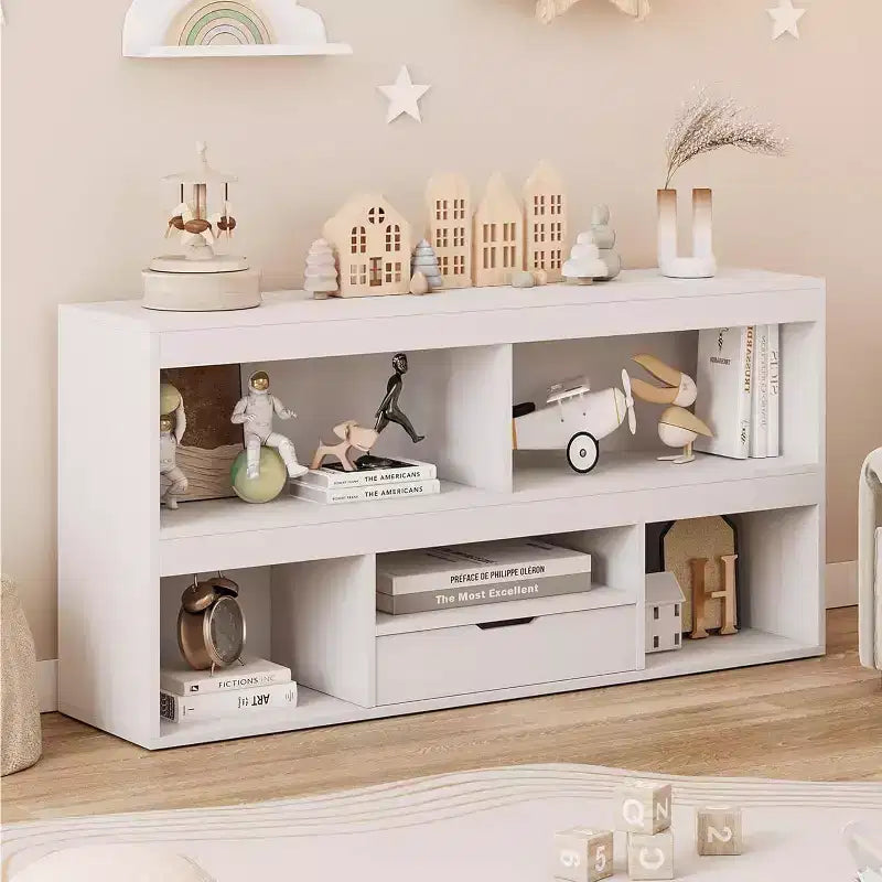 2-Tier Kids Bookshelf & Toy Organizer with 5 Cubbies + 1 Drawer, White for Playroom/Kids' Room