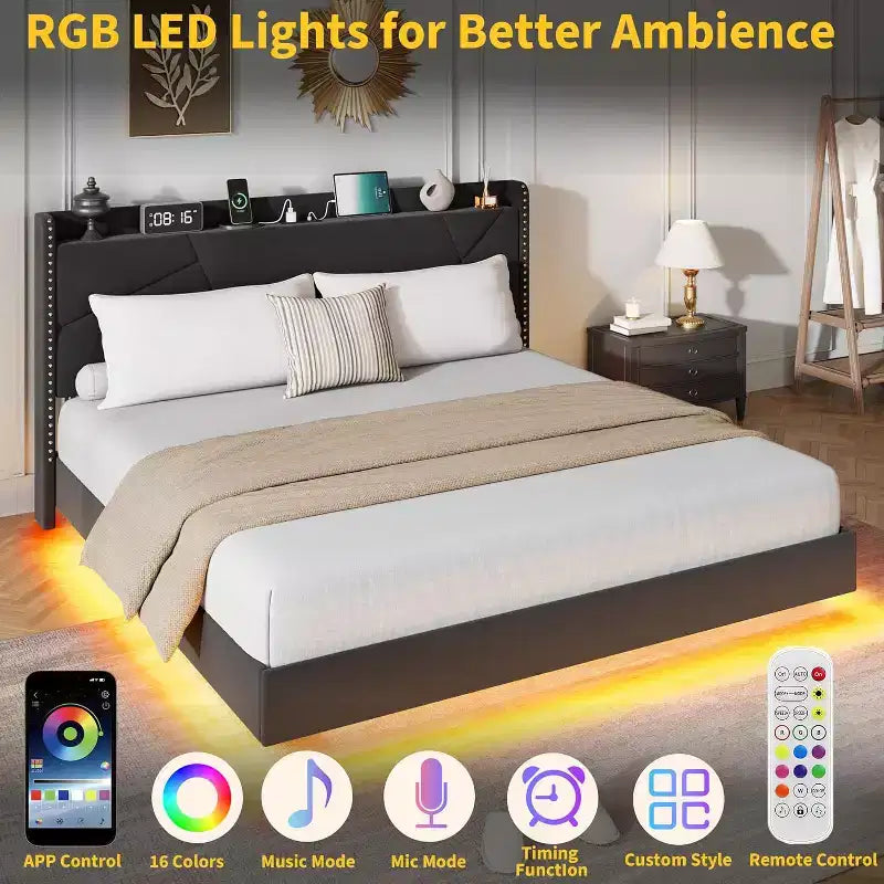 Lit plateforme flottant rembourré beige / noir / gris, lumières LED, tête de lit de rangement, pleine grandeur / grand format / très grand format, 1 personne