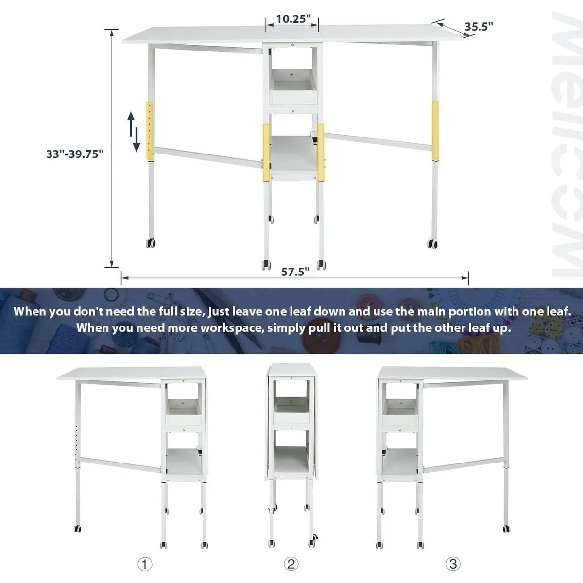 Height Adjustable Craft Table with Storage Shelves, Mobile Folding Cutting Table for Home Office Sewing Room Craft Room