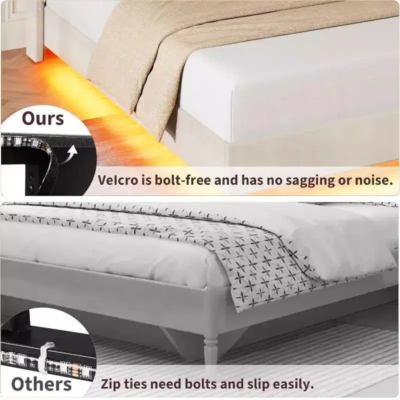 Lit plateforme flottant rembourré beige / noir / gris, lumières LED, tête de lit de rangement, pleine grandeur / grand format / très grand format, 1 personne