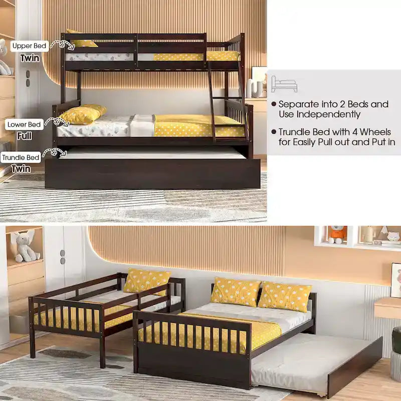 Gymax Twin Over Full Bunk Bed with Twin Trundle Convertible Platform