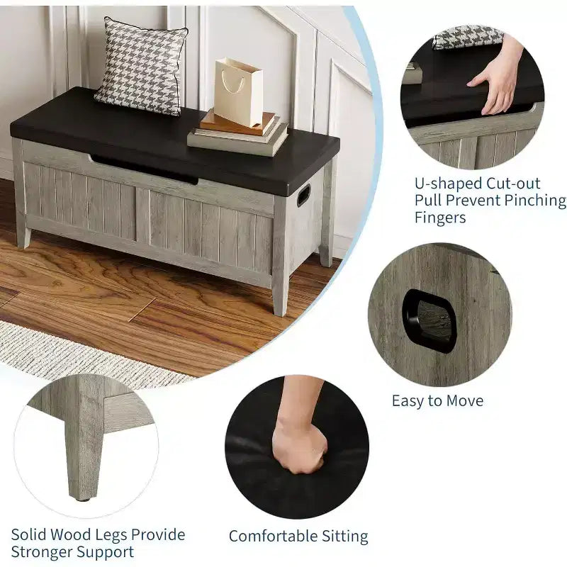 Banc de rangement capitonné marron / gris / rose / blanc, coffre en bois avec assise rembourrée, 1 personne