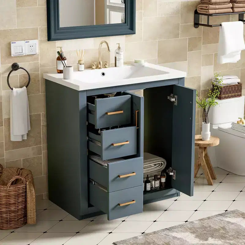Meuble-lavabo de salle de bain de 76 cm à lavabo simple avec armoire et 3 tiroirs – Noir / Bleu / Vert / Indigo / Blanc