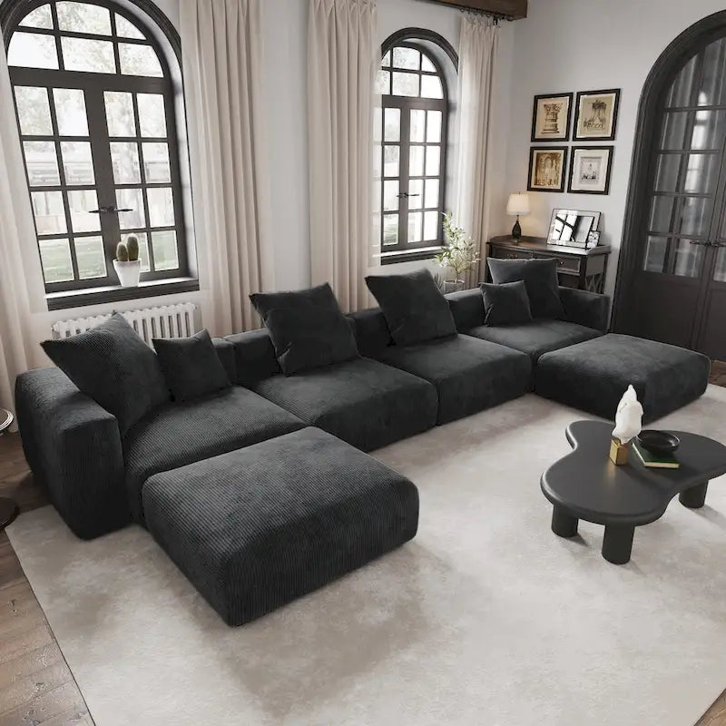 Large Modular Sectional Sofa Corduroy Upholstery U-Shaped 4 Seater with 2 Ottoman and 5 Pillows