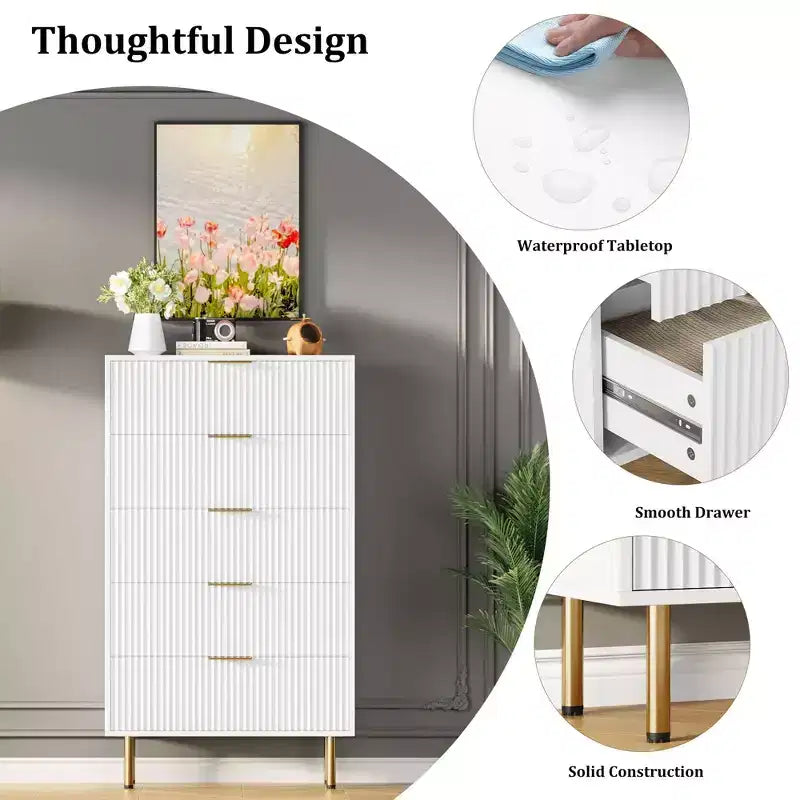 Commode 5 tiroirs blanche / effet marbre et bois – Panneau cannelé, pour 1 personne
