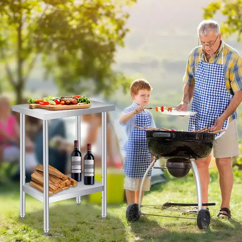 Table de travail en acier inoxydable argenté à 2 niveaux - Pieds fixes/Roues verrouillables, 1-2 personnes