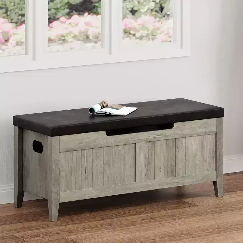 Banc de rangement capitonné marron / gris / rose / blanc, coffre en bois avec assise rembourrée, 1 personne
