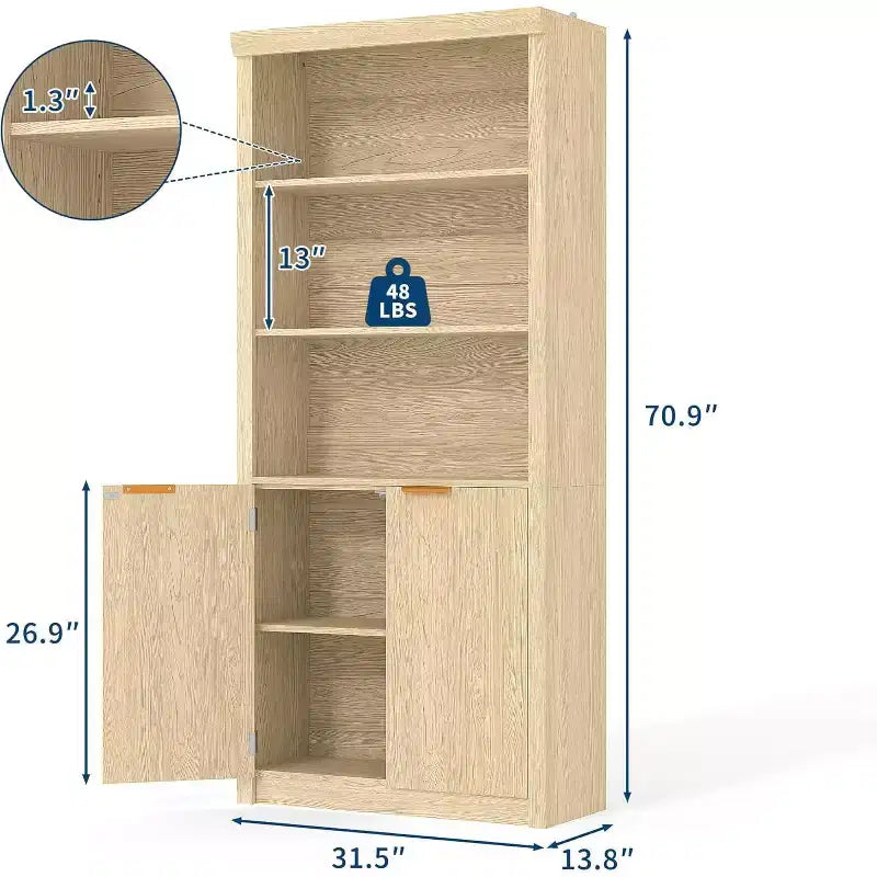 5-półkowy regał na książki z drzwiami, czarny / szary / dąb / biały, wysokość 180 cm, pojedynczy