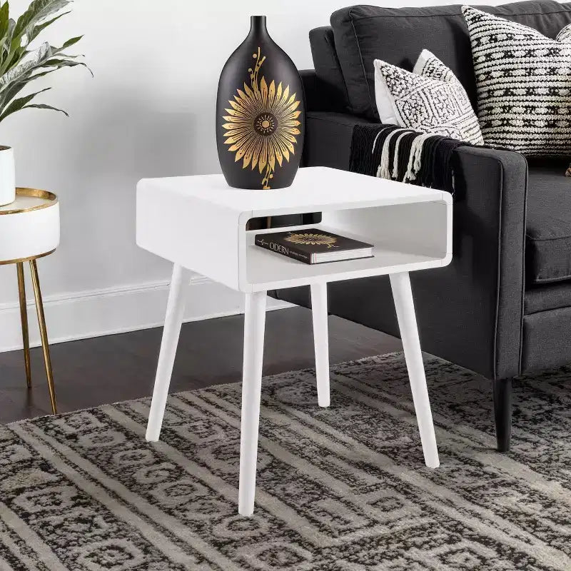 HomeStock Belmont End Table with Shelf, Mid Century Modern Side Table with Open Cubby, Curved Edges, Tapered Legs and Spacious Surface