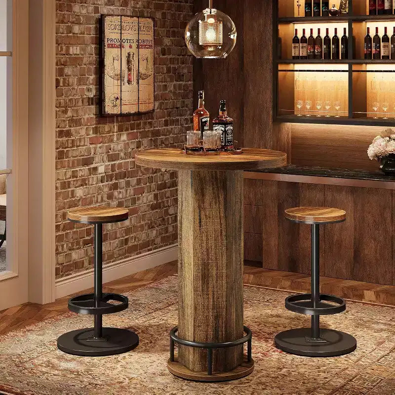 Czarno-brązowy okrągły stolik barowy bistro z 2 hokerami