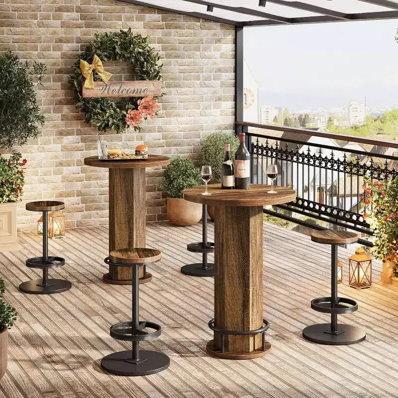 Czarno-brązowy okrągły stolik barowy bistro z 2 hokerami