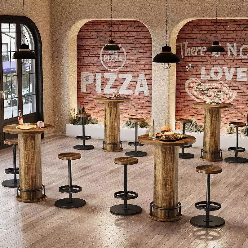 Czarno-brązowy okrągły stolik barowy bistro z 2 hokerami