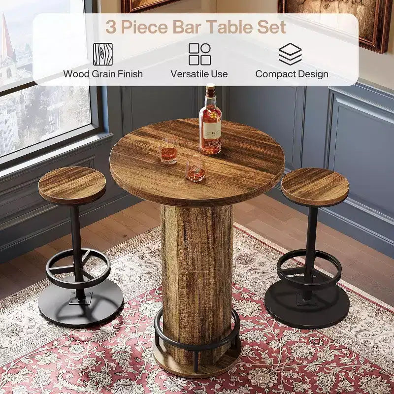 Czarno-brązowy okrągły stolik barowy bistro z 2 hokerami
