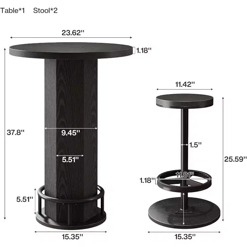 Black/Brown Round Bar Table Bistro Set with 2 Barstools