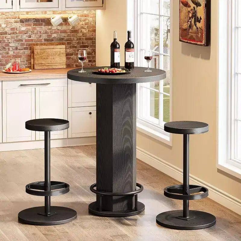 Black/Brown Round Bar Table Bistro Set with 2 Barstools