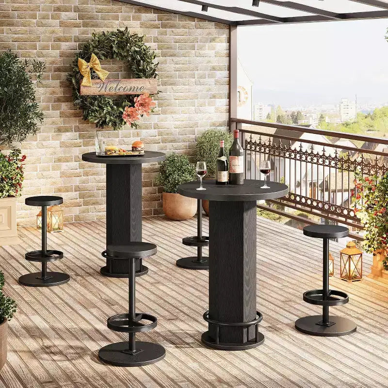 Black/Brown Round Bar Table Bistro Set with 2 Barstools