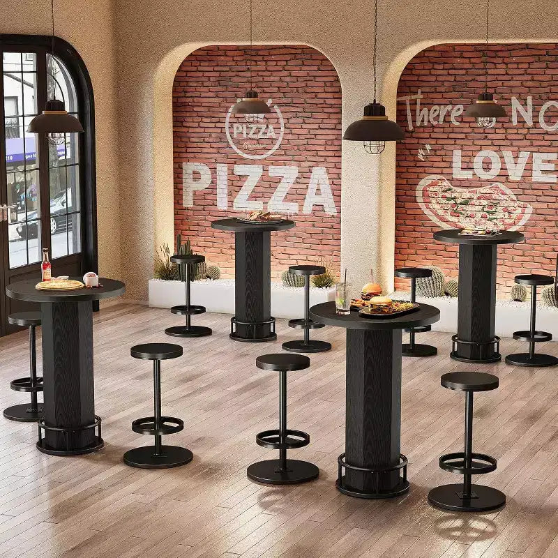 Black/Brown Round Bar Table Bistro Set with 2 Barstools