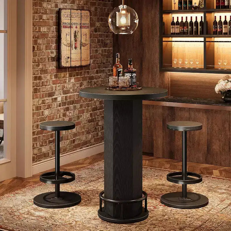 Black/Brown Round Bar Table Bistro Set with 2 Barstools