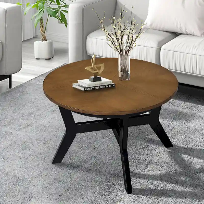 Table basse ronde en bois de style ferme avec 4 pieds en bois massif