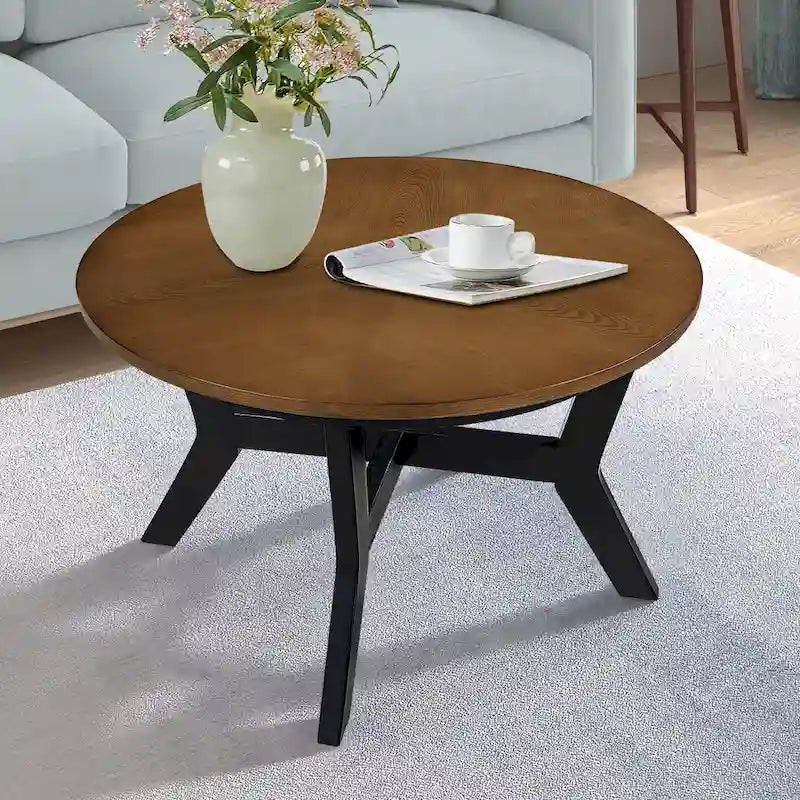 Table basse ronde en bois de style ferme avec 4 pieds en bois massif
