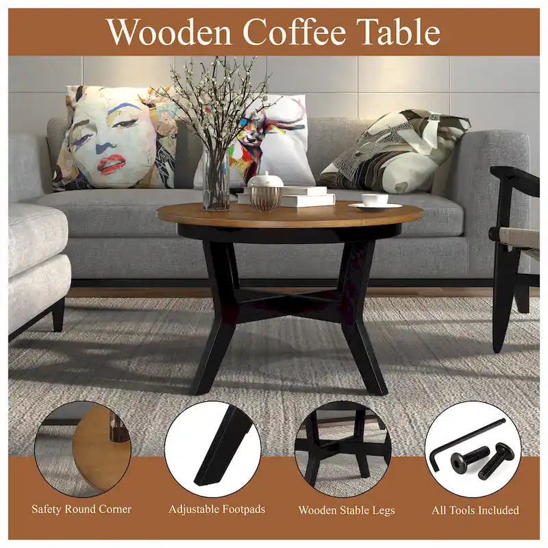 Table basse ronde en bois de style ferme avec 4 pieds en bois massif