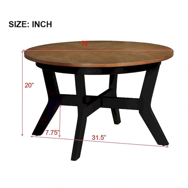 Table basse ronde en bois de style ferme avec 4 pieds en bois massif