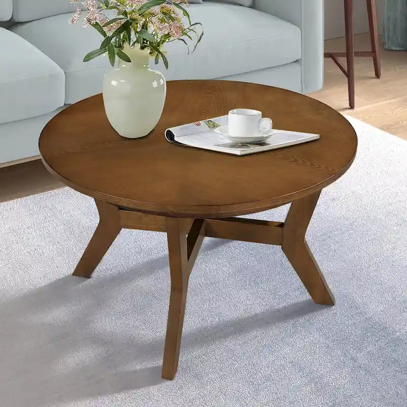 Table basse ronde en bois de style ferme avec 4 pieds en bois massif
