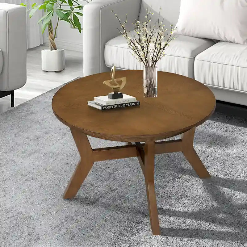 Table basse ronde en bois de style ferme avec 4 pieds en bois massif
