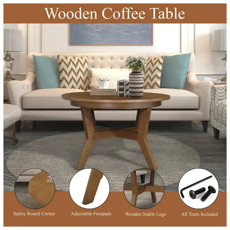 Table basse ronde en bois de style ferme avec 4 pieds en bois massif