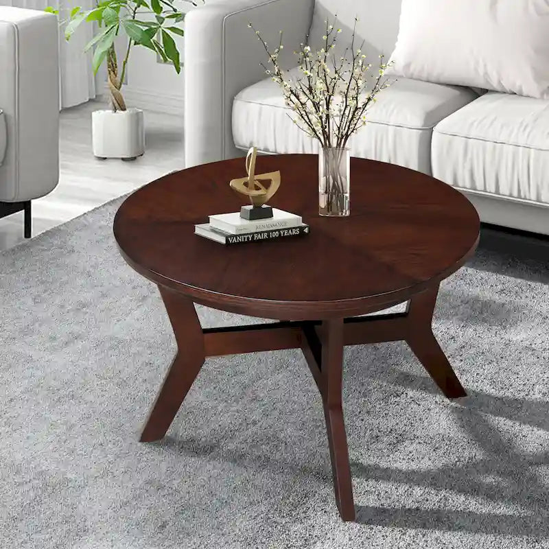 Table basse ronde en bois de style ferme avec 4 pieds en bois massif