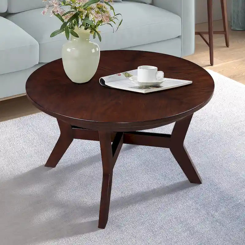 Table basse ronde en bois de style ferme avec 4 pieds en bois massif