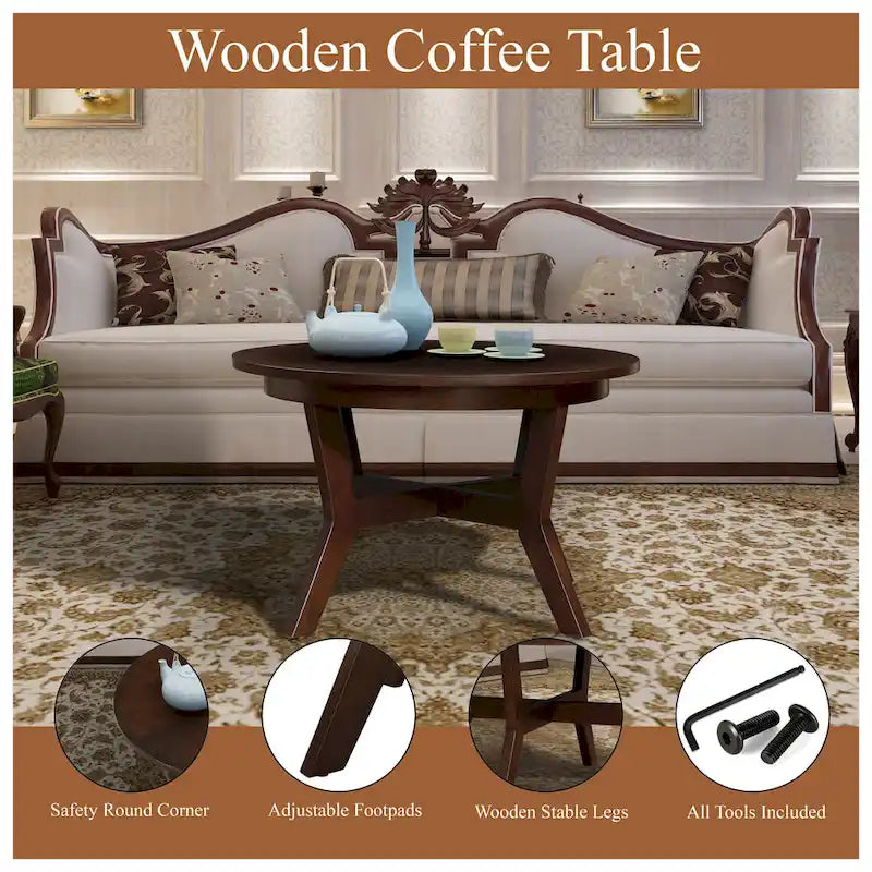 Table basse ronde en bois de style ferme avec 4 pieds en bois massif