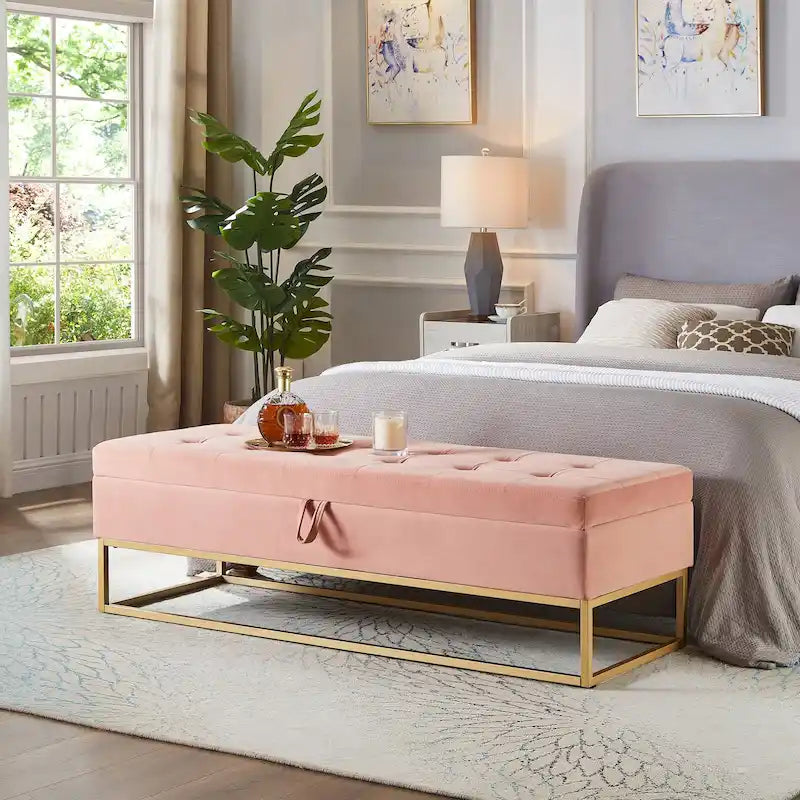 Banc de rangement en velours touffeté avec base en métal doré