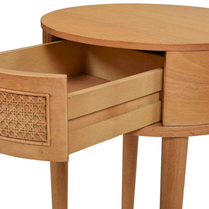 Table d'appoint de rangement ronde en rotin Cabana 18, bois de chêne marron naturel