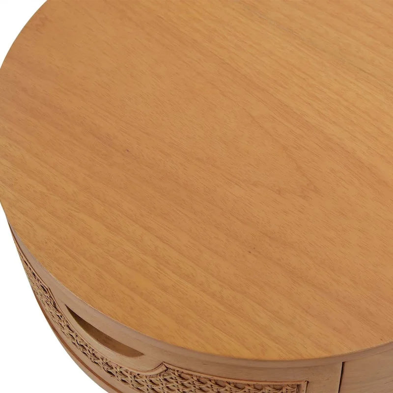 Table d'appoint de rangement ronde en rotin Cabana 18, bois de chêne marron naturel