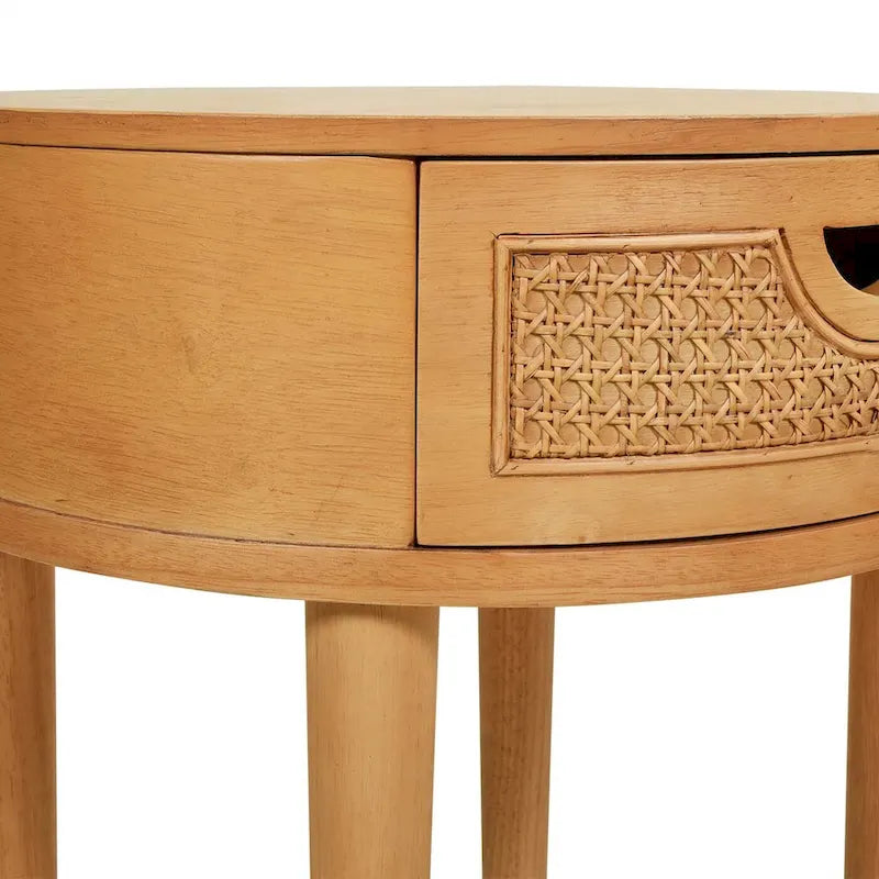 Table d'appoint de rangement ronde en rotin Cabana 18, bois de chêne marron naturel