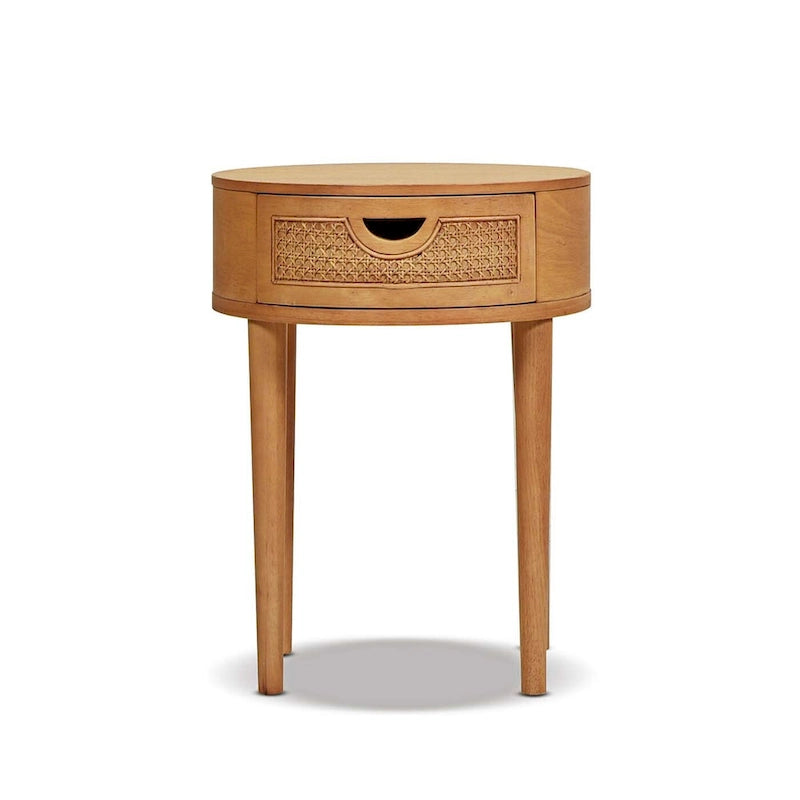 Table d'appoint de rangement ronde en rotin Cabana 18, bois de chêne marron naturel
