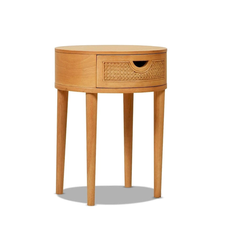 Table d'appoint de rangement ronde en rotin Cabana 18, bois de chêne marron naturel