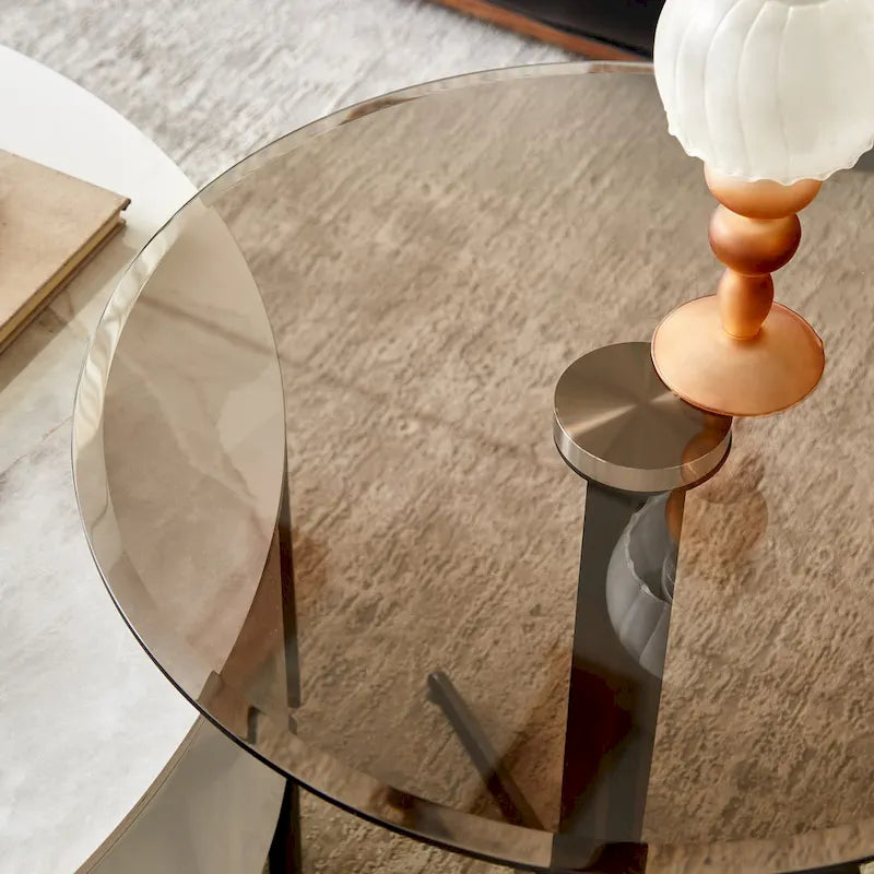 Table d'appoint avec plateau en verre Table d'appoint/de boisson – Table de nuit en métal ronde, moderne et haute