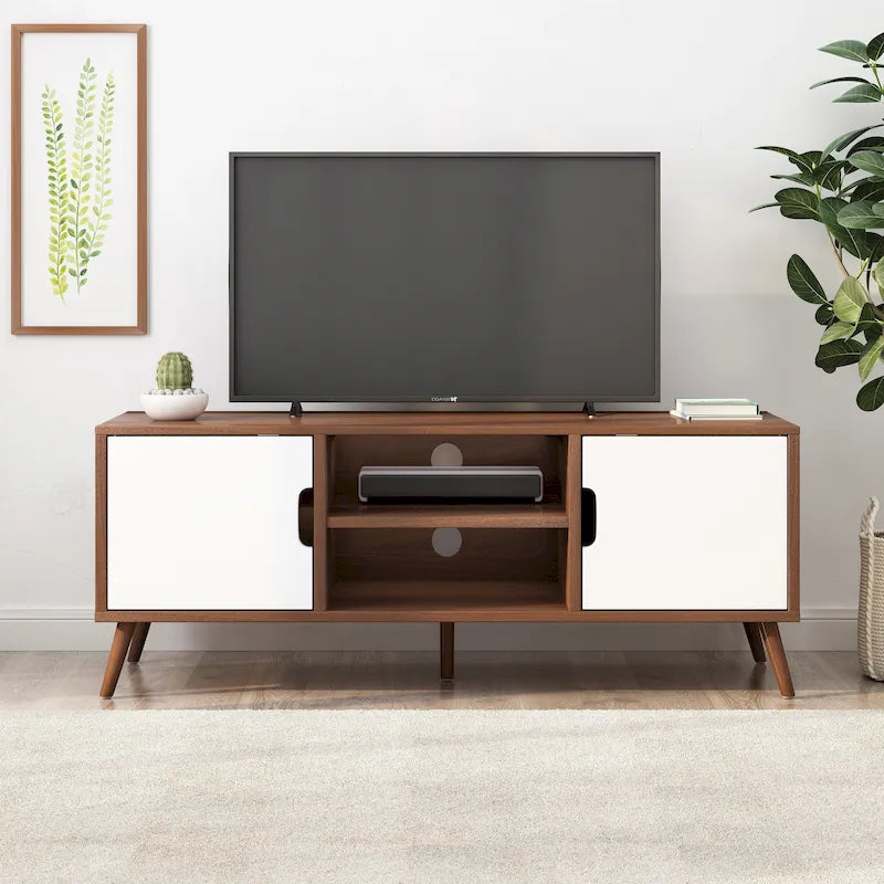 Meuble TV blanc et noyer de style moderne du milieu du siècle avec 3 tiroirs pour téléviseurs jusqu'à 49 pouces