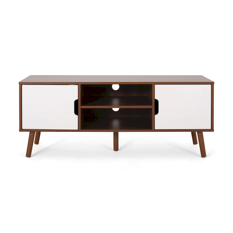 Meuble TV blanc et noyer de style moderne du milieu du siècle avec 3 tiroirs pour téléviseurs jusqu'à 49 pouces