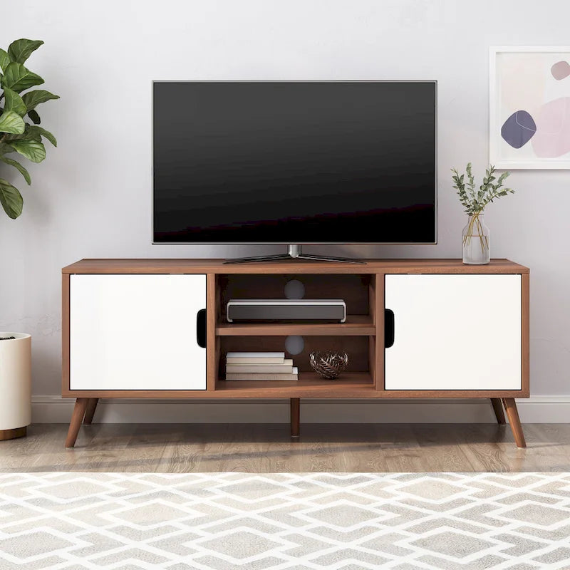 Meuble TV blanc et noyer de style moderne du milieu du siècle avec 3 tiroirs pour téléviseurs jusqu'à 49 pouces