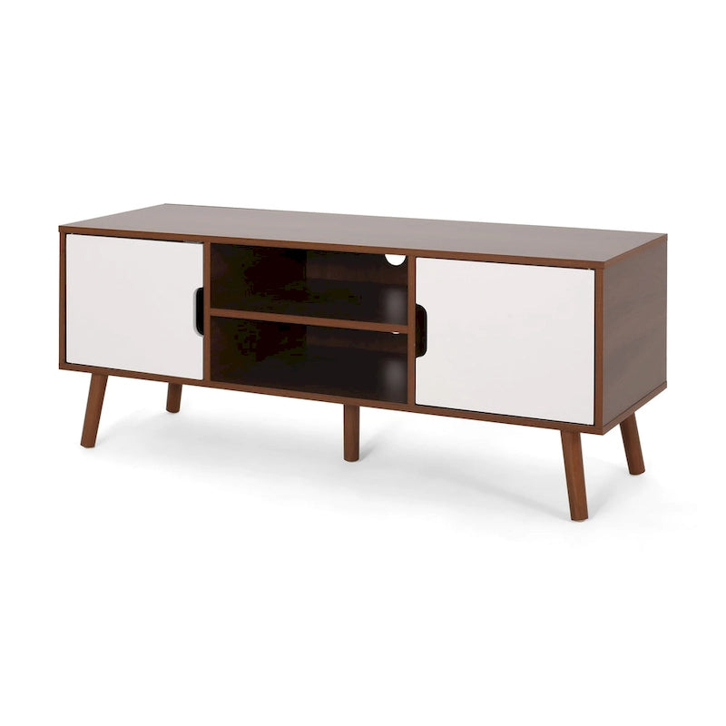 Meuble TV blanc et noyer de style moderne du milieu du siècle avec 3 tiroirs pour téléviseurs jusqu'à 49 pouces