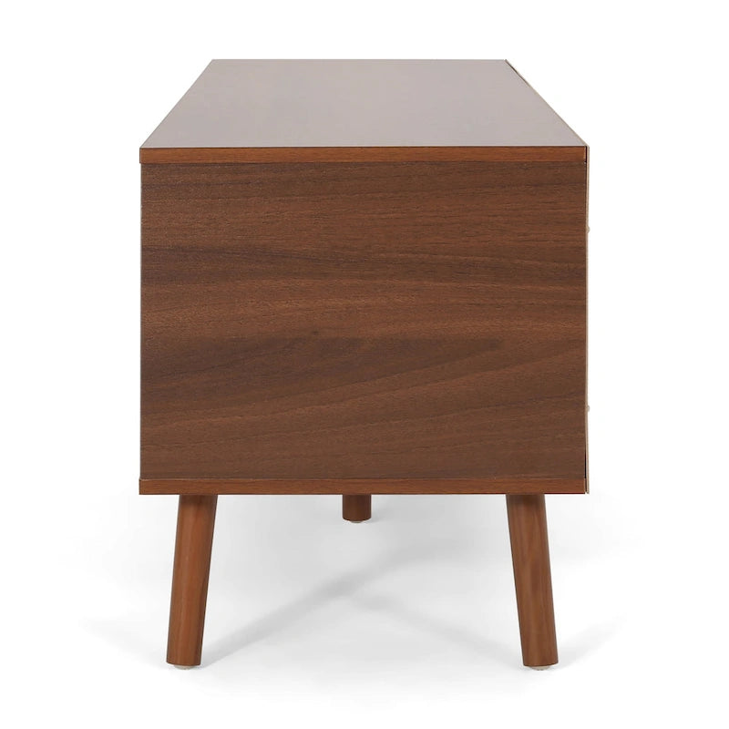 Meuble TV blanc et noyer de style moderne du milieu du siècle avec 3 tiroirs pour téléviseurs jusqu'à 49 pouces