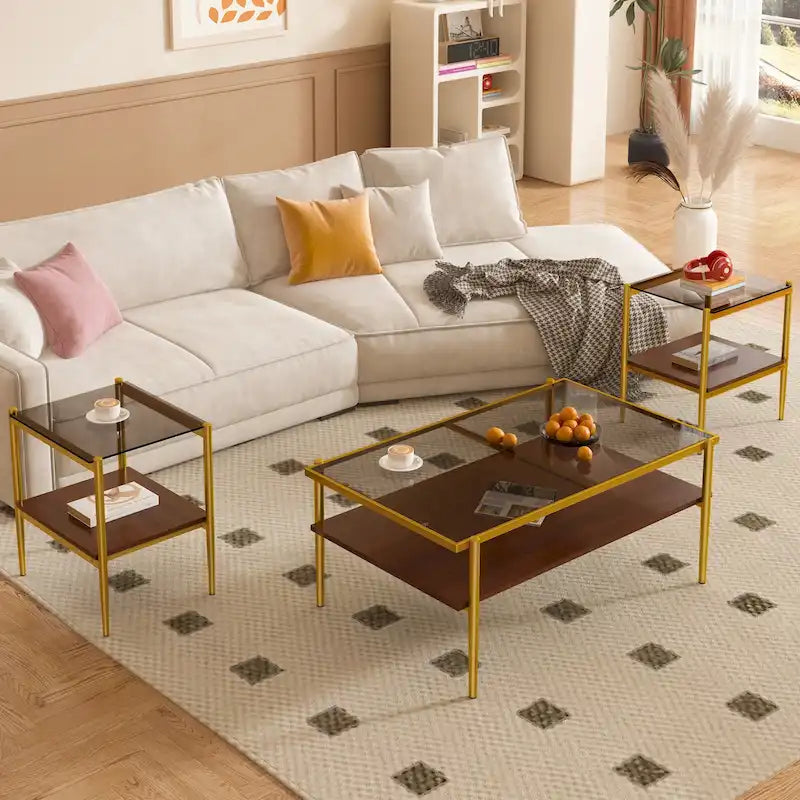 Ensemble de 3 tables basses et tables d'appoint, Table en verre trempé avec couche en MDF, Tables modernes pour salon, Verre gris